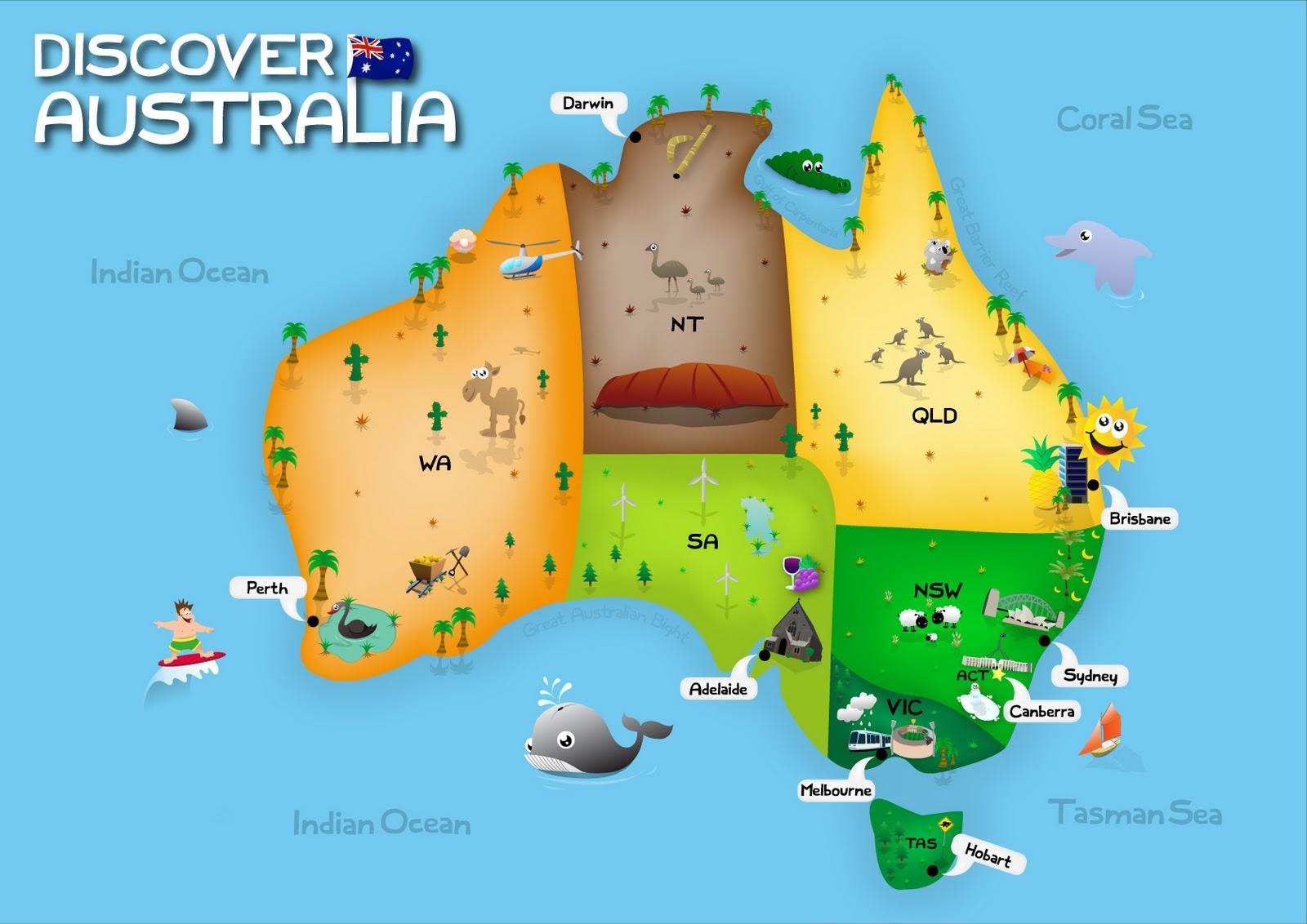 Australien Karte für Kinder - Stadtplan von Australien für Kinder