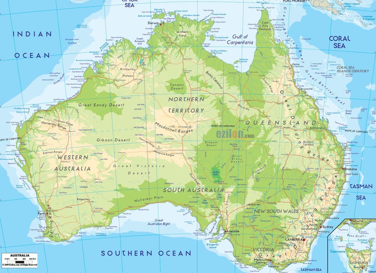 eine physische Karte von Australien